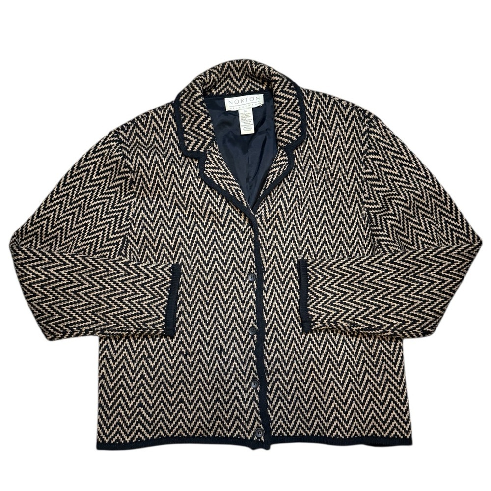 Vintage Norton McNaughton Black Cream Chevron Knit Jacket Women’s XL Retro